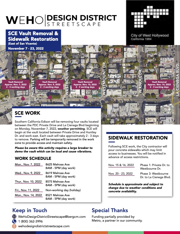 SCE Vault Removal & Sidewalk Restoration (East of San Vincente) – November 7 – 23, 2022